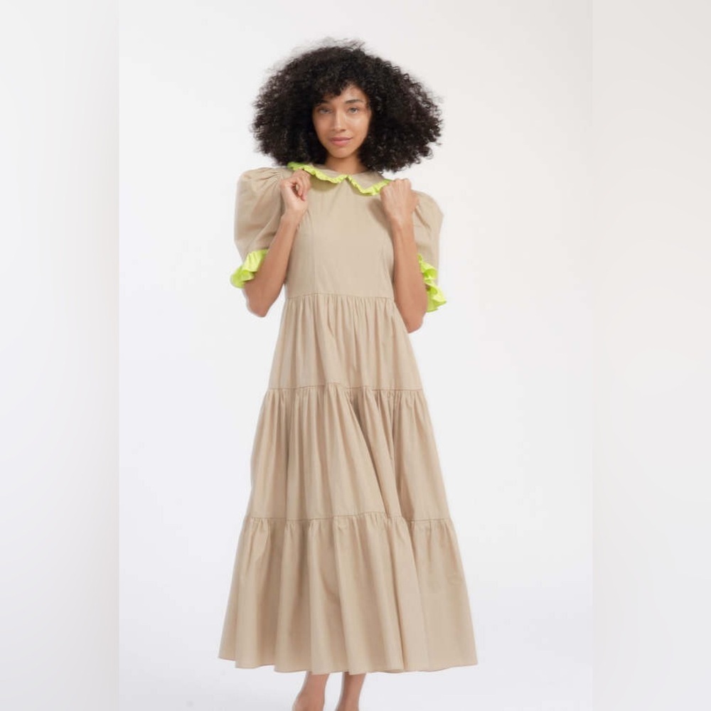 NWOT BATSHEVA Spring Lucy Dress Camel Tan Neon Trim Cotton Casual Boho Women’s 0